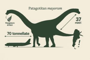 Confronto di taglia del Patagotitan mayorum accanto a un aereo, che mostra i suoi 37 metri di lunghezza e le sue 70 tonnellate di peso, con etichette in italiano