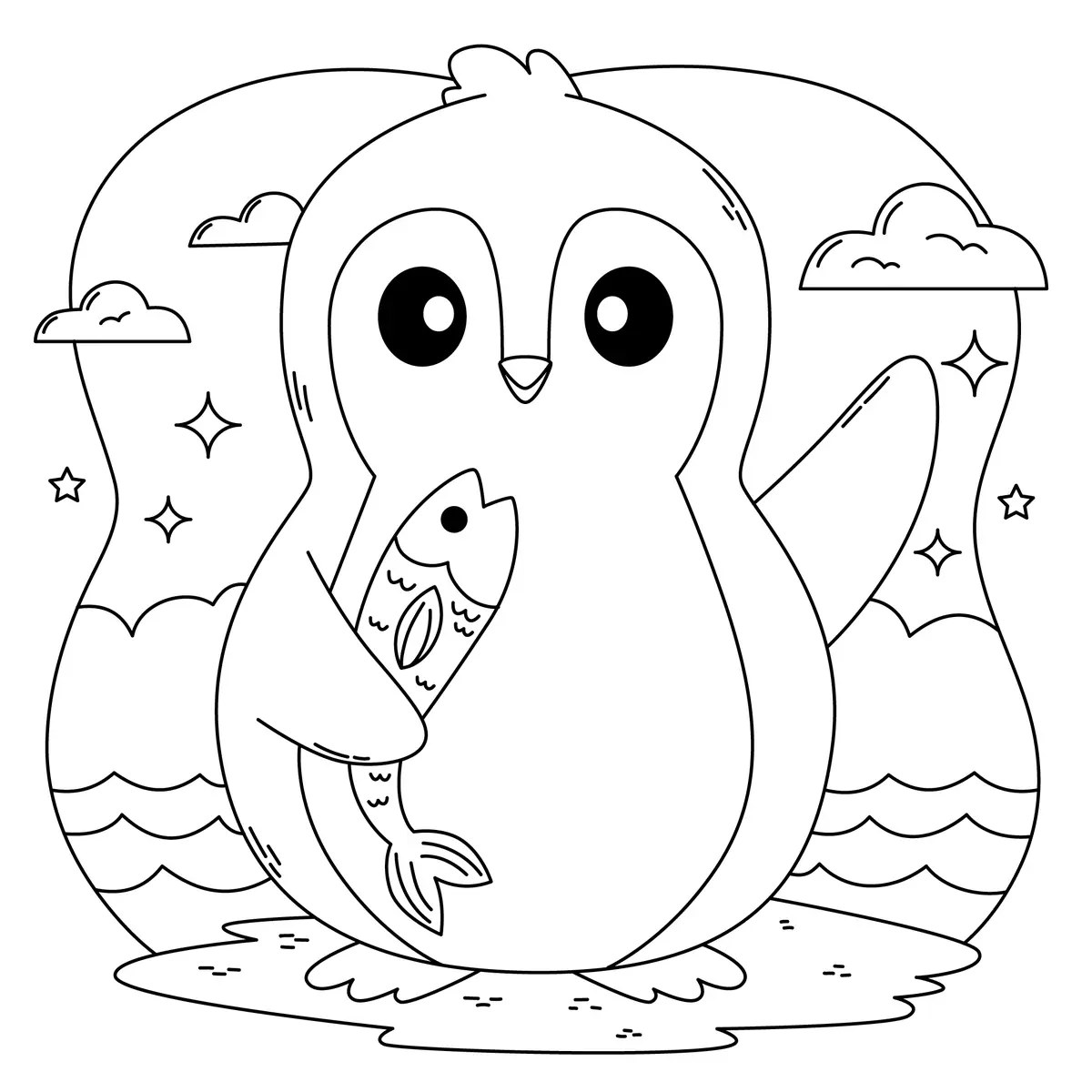 dibujo de un pequeño pingüino y su pez para imprimir