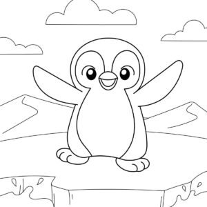 happy penguin with open arms on the ice colouring page to print