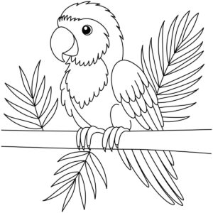 Kawaii parrot on a palm branch colouring page to print