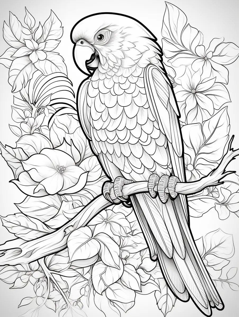 Loro mandala con follaje y flores para colorear e imprimir