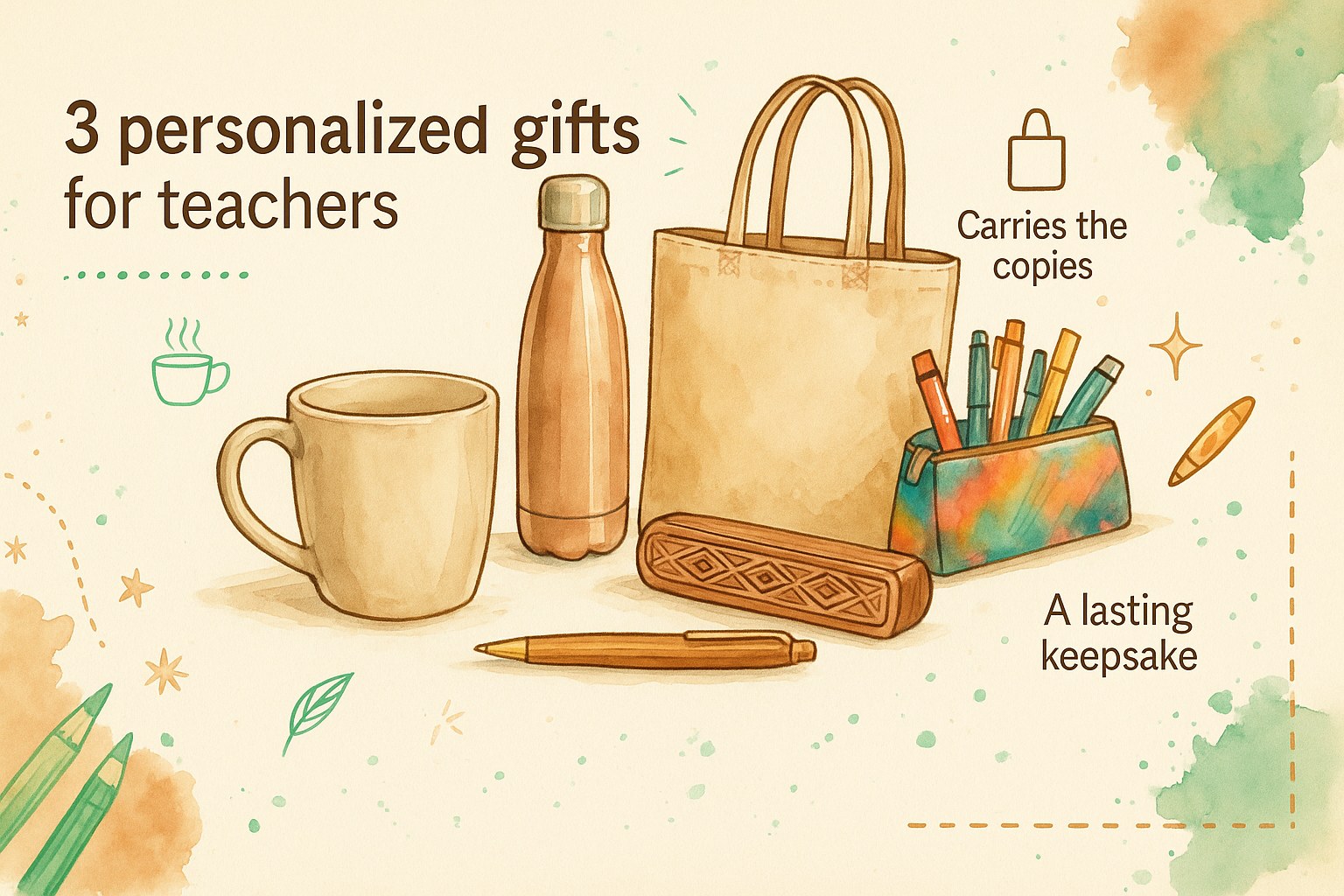 A selection of personalised teacher gifts including a mug, bottle, tote bag and desk accessories