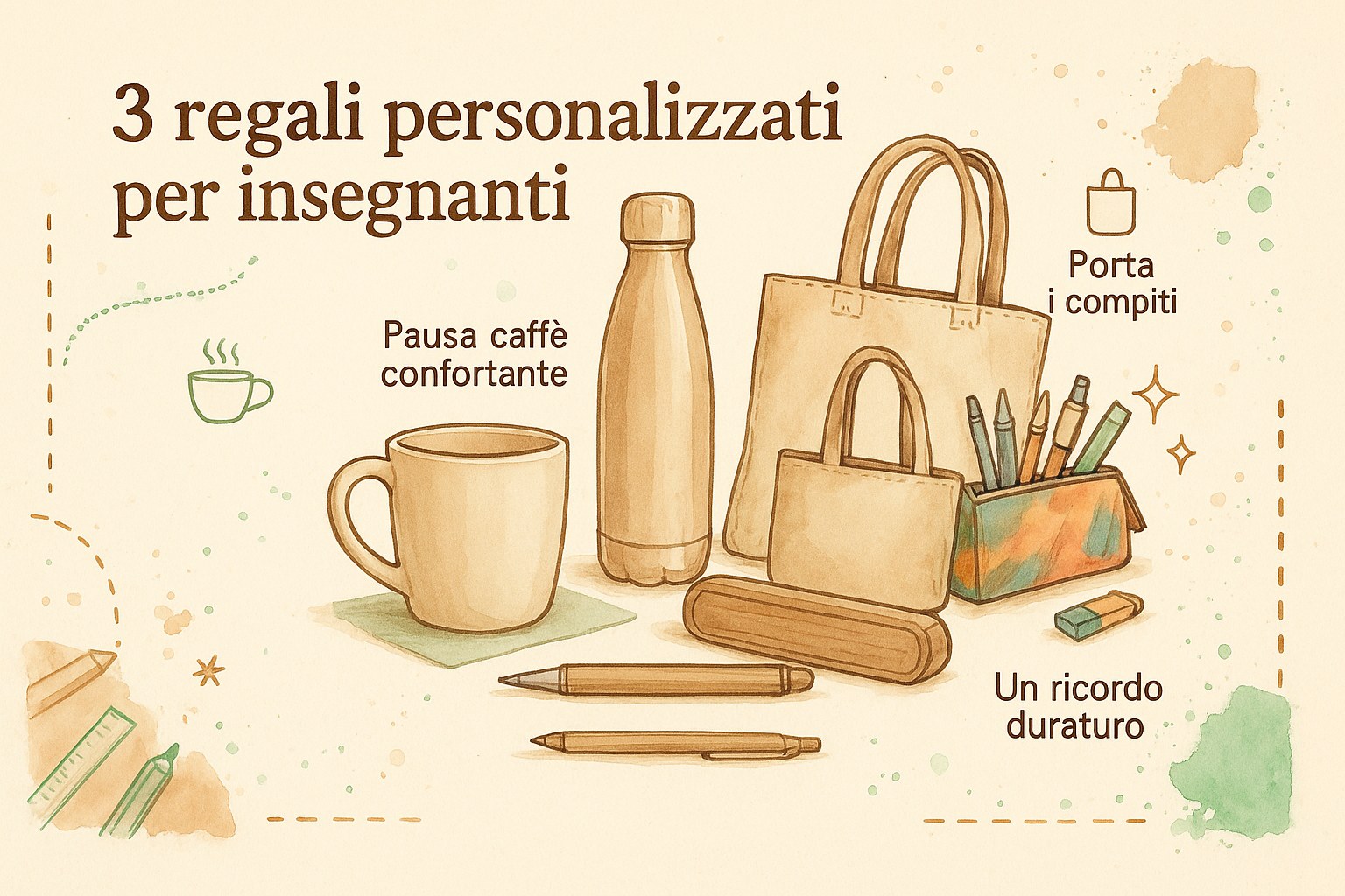 Una selezione di regali personalizzati per insegnanti con tazza, borraccia, borsa di tela e accessori da scrivania