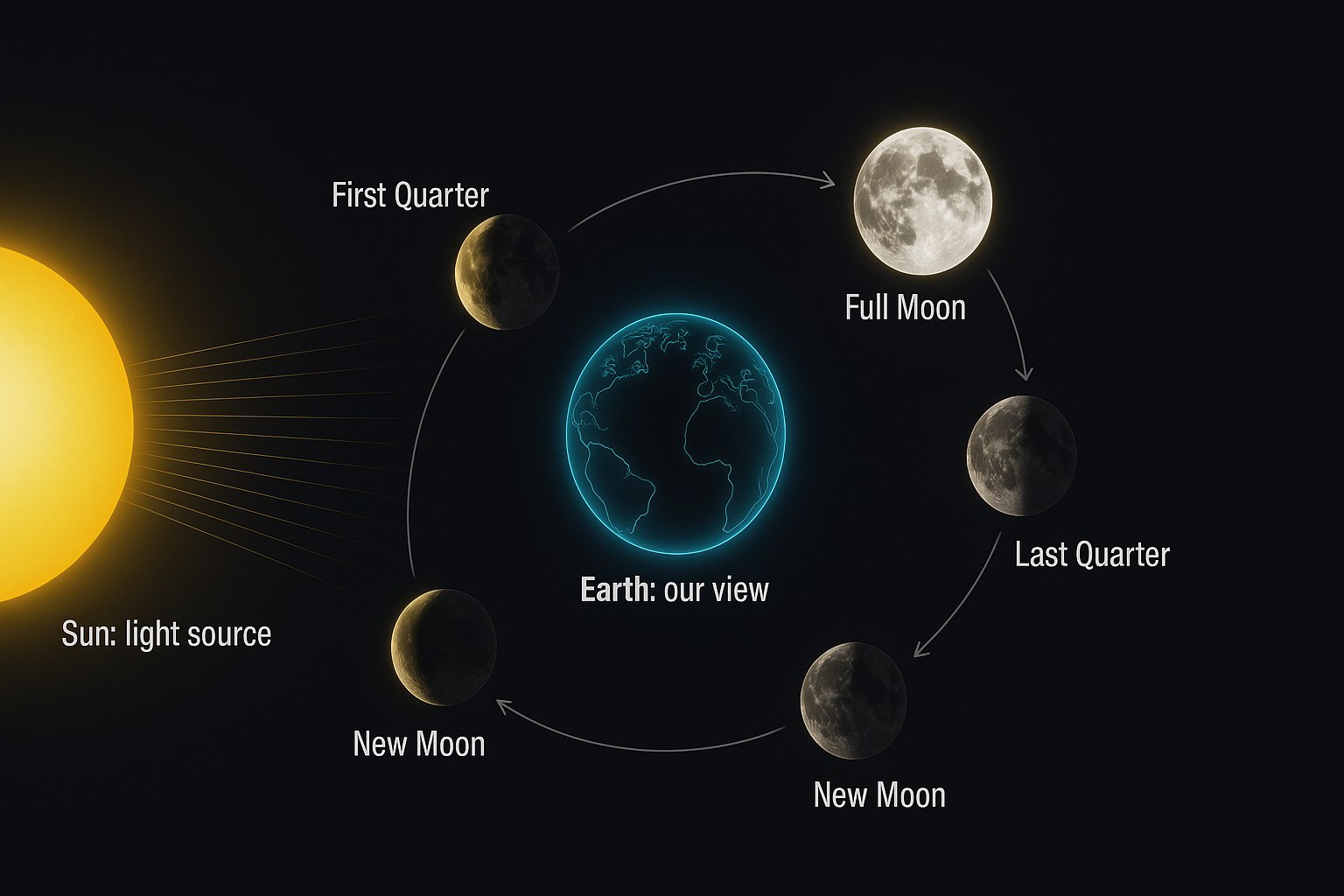 Diagram explaining the different phases of the Moon around the Earth