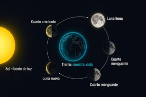 Esquema de las fases de la Luna alrededor de la Tierra, iluminada por el Sol: luna nueva, cuarto creciente, luna llena, cuarto menguante