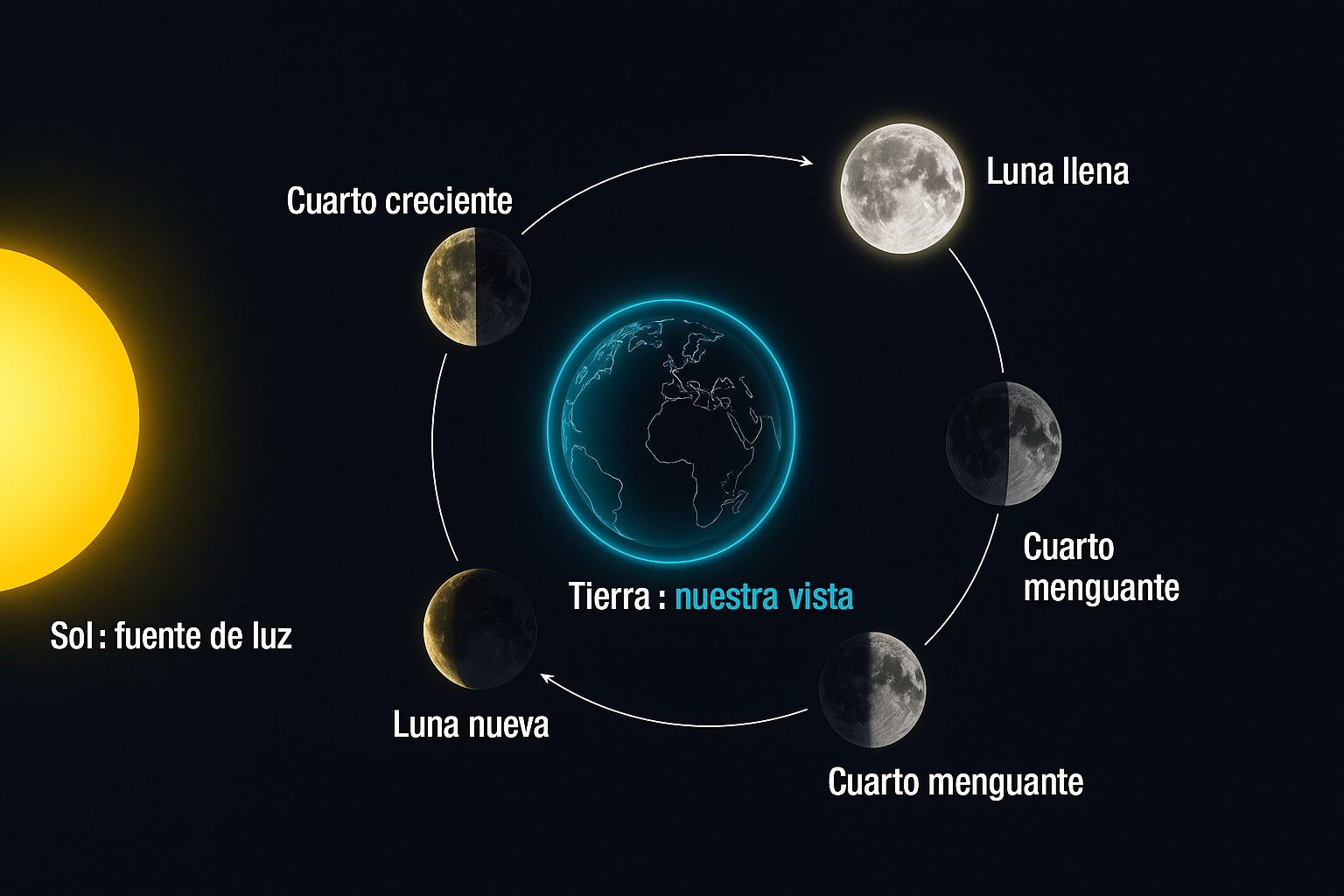 Esquema que explica las diferentes fases de la Luna alrededor de la Tierra