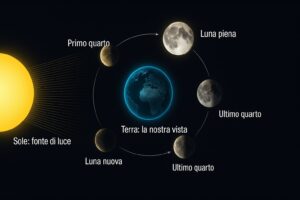 Schema delle fasi della Luna intorno alla Terra, illuminata dal Sole: luna nuova, primo quarto, luna piena, ultimo quarto