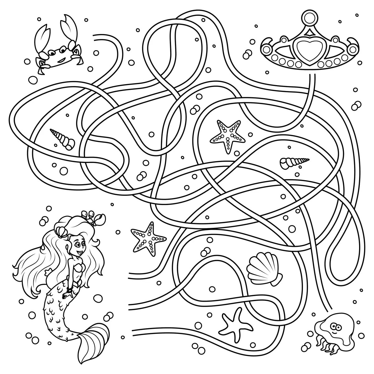 Maze mermaid long hair with starfish crab shells tiara to print