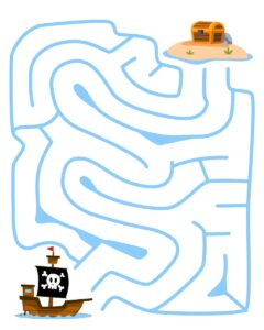 Pirate maze with a black ship and treasure on an island to print