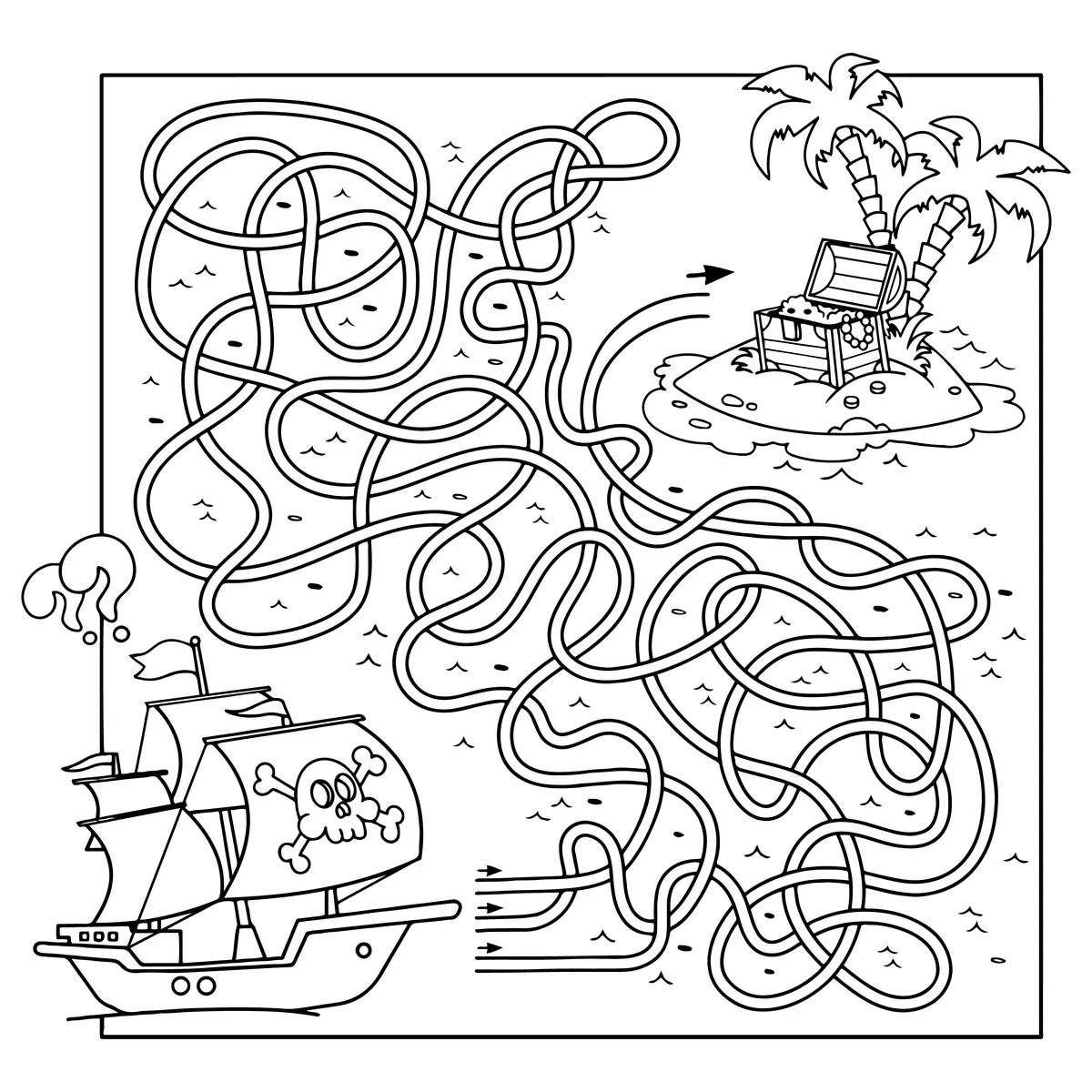 Maze black pirate ship skull flag to a treasure island with palm trees to print