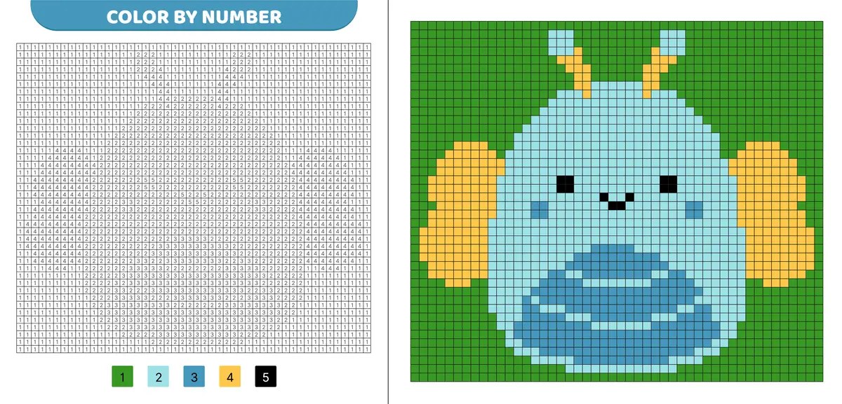 Printable pixel art colour-by-number (papillon bleu)