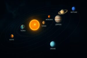 Ilustración de los ocho planetas del sistema solar alineados por distancia al Sol