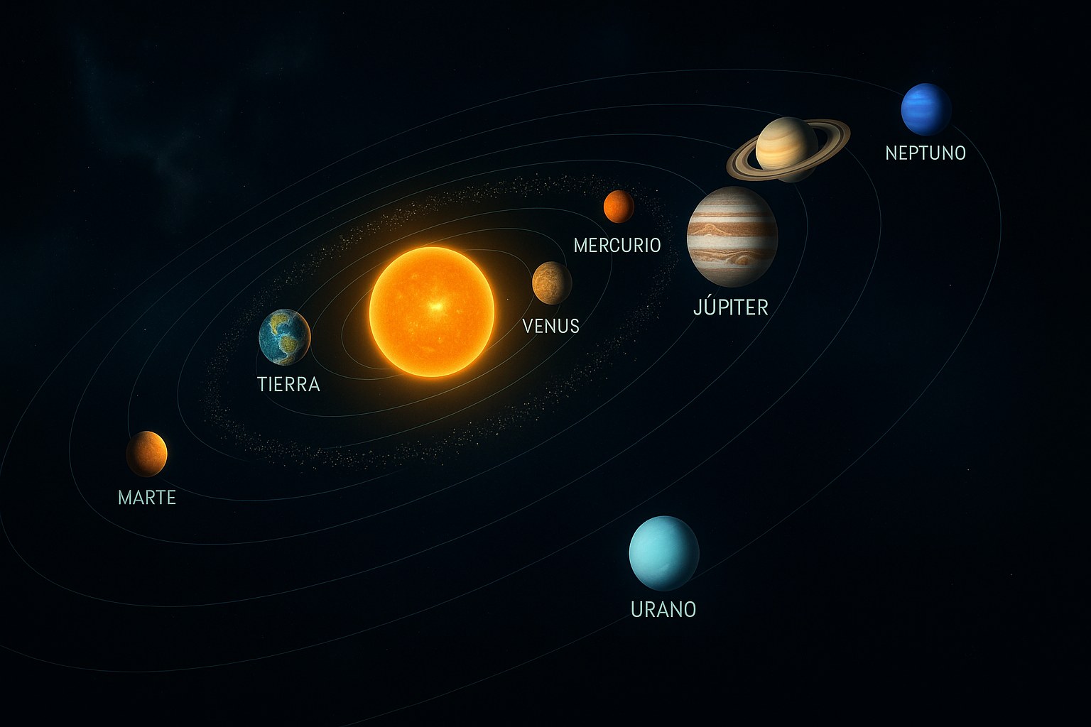 Ilustración de los ocho planetas del sistema solar alineados por distancia al Sol
