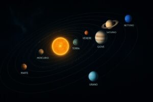 Illustrazione degli otto pianeti del sistema solare allineati per distanza dal Sole