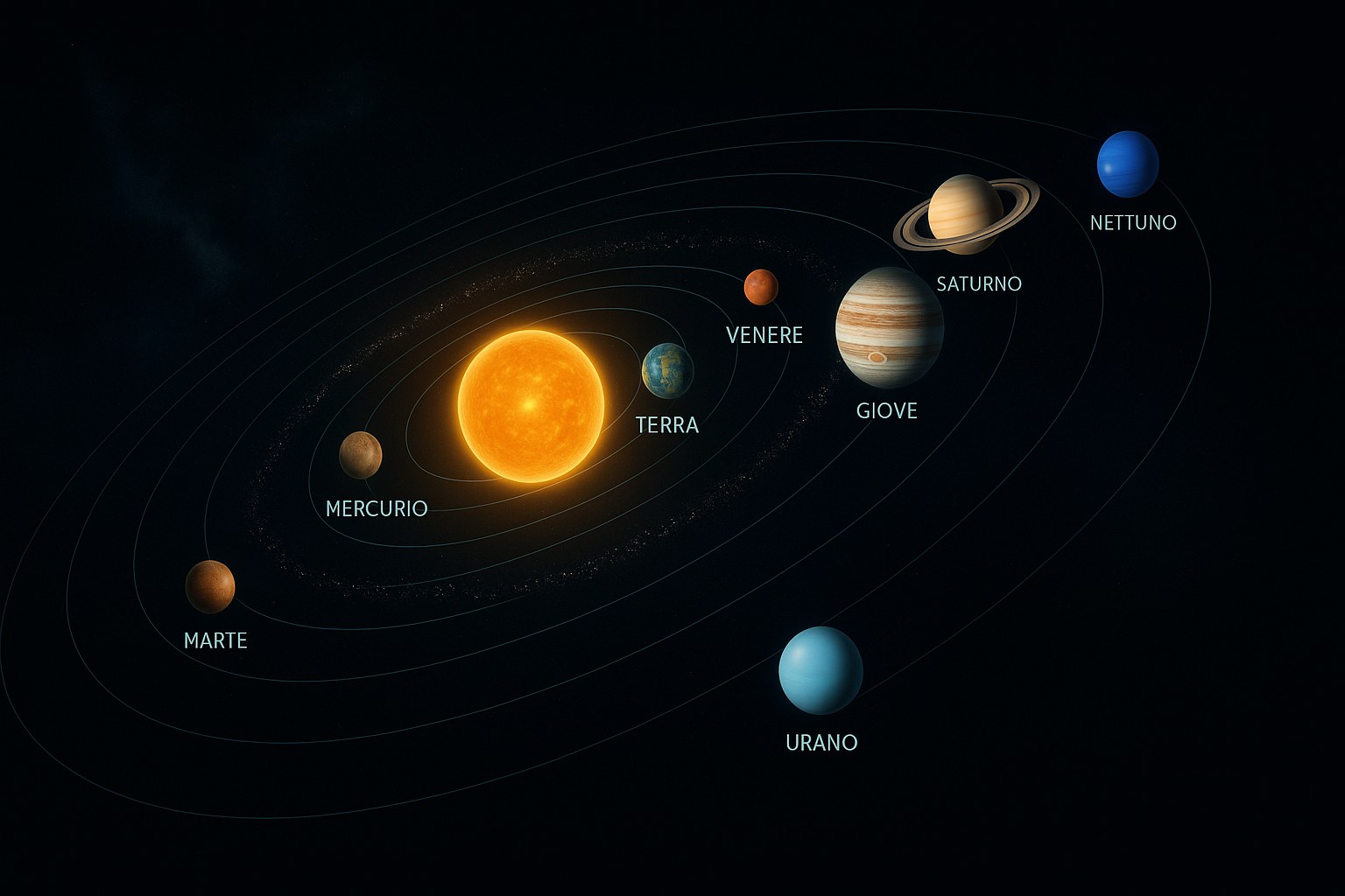 Illustrazione degli otto pianeti del sistema solare allineati per distanza dal Sole