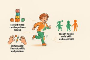 A child playing: stacked cubes for problem-solving, skilful hands for fine motor skills and friendly figures for social skills