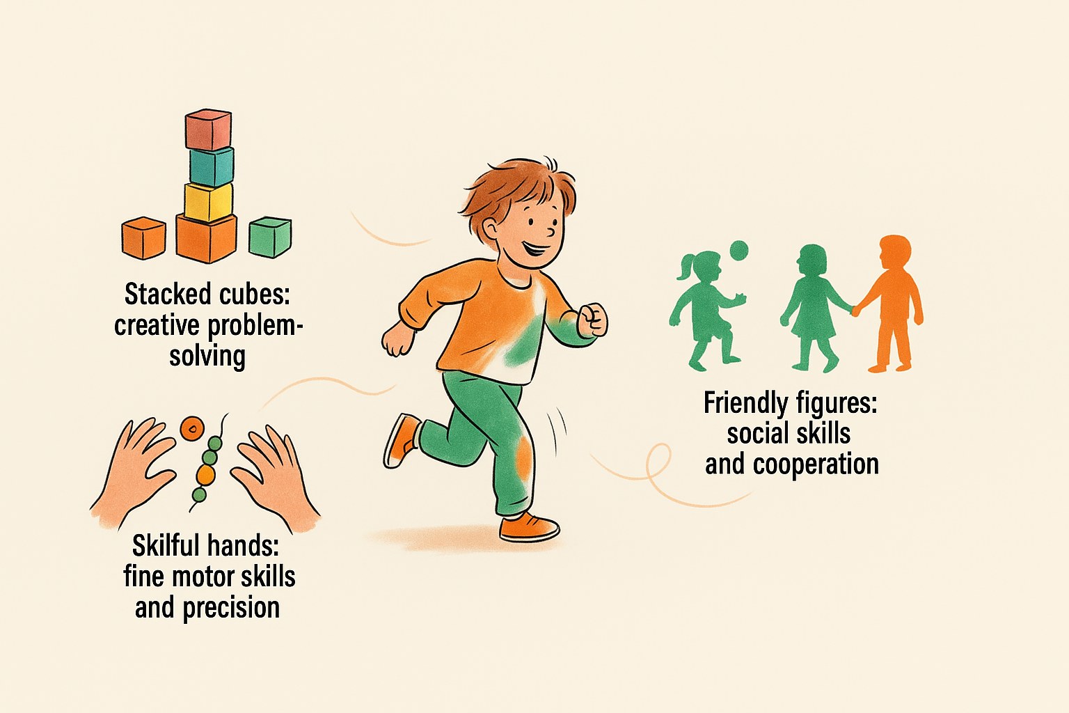 A child playing: stacked cubes for problem-solving, skilful hands for fine motor skills and friendly figures for social skills
