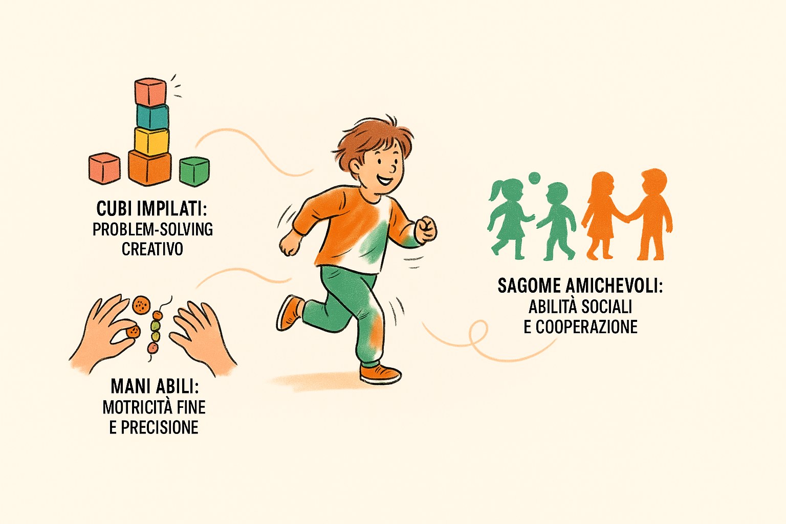 Un bambino che gioca: cubi impilati per il problem-solving, mani abili per la motricità fine e sagome amichevoli per le abilità sociali