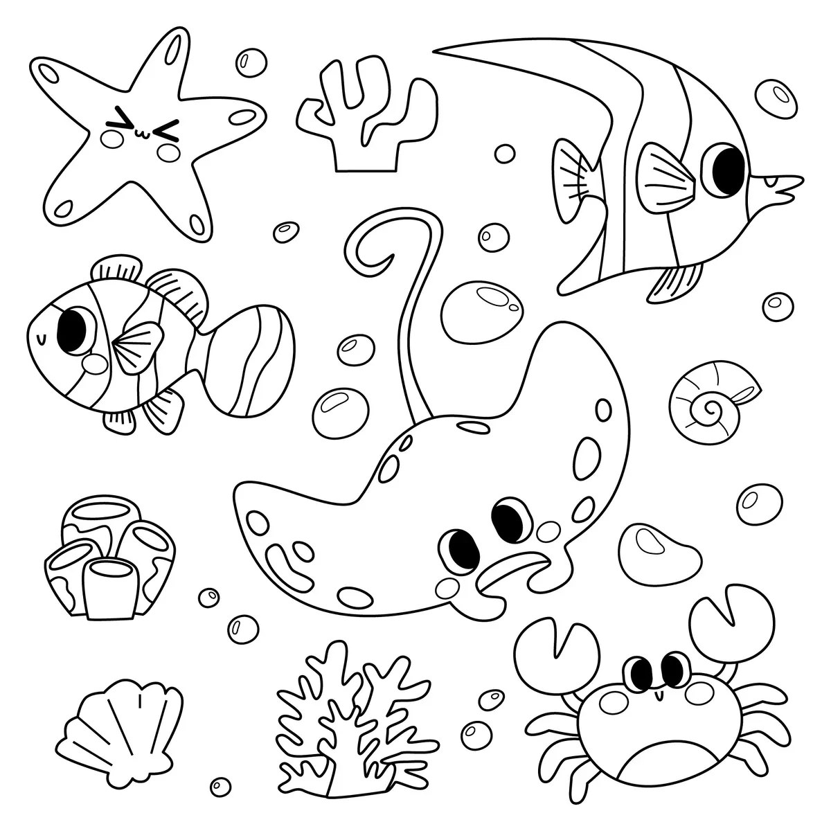 Animales marinos kawaii estrella de mar y cangrejo para colorear e imprimir