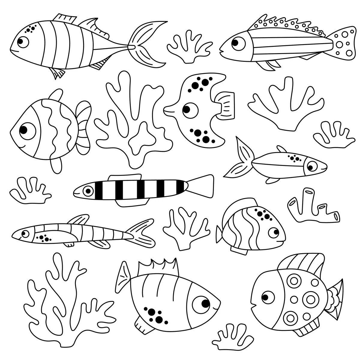 Gran banco de peces y corales para colorear e imprimir