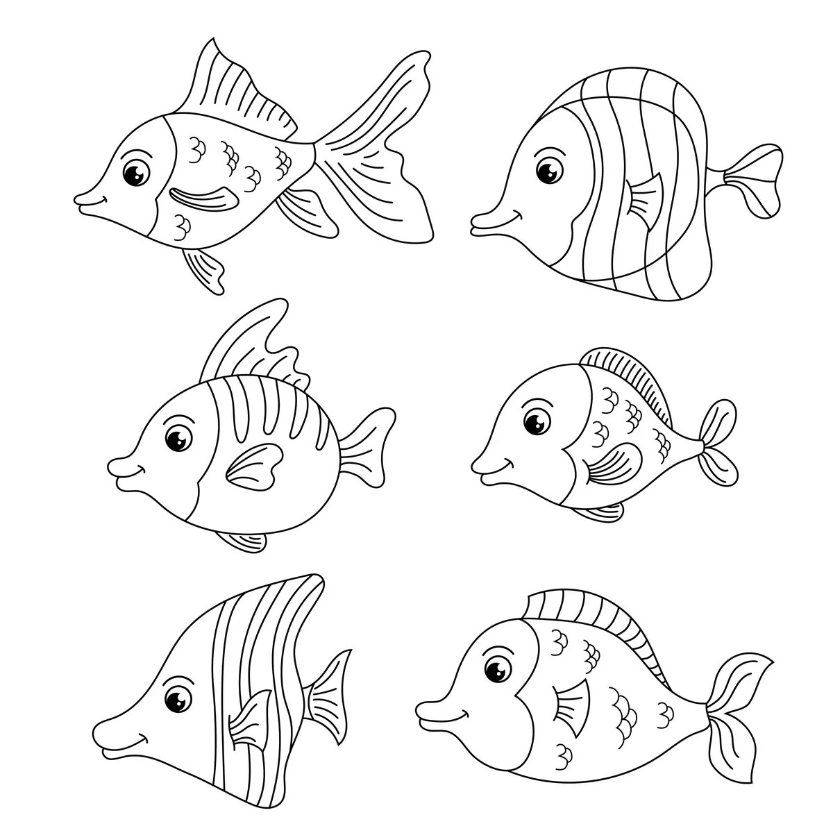 Seis peces graciosos variados para colorear e imprimir