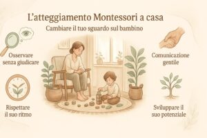 L'atteggiamento Montessori a casa: osservare senza giudicare, comunicazione gentile, rispettare il ritmo, sviluppare il potenziale
