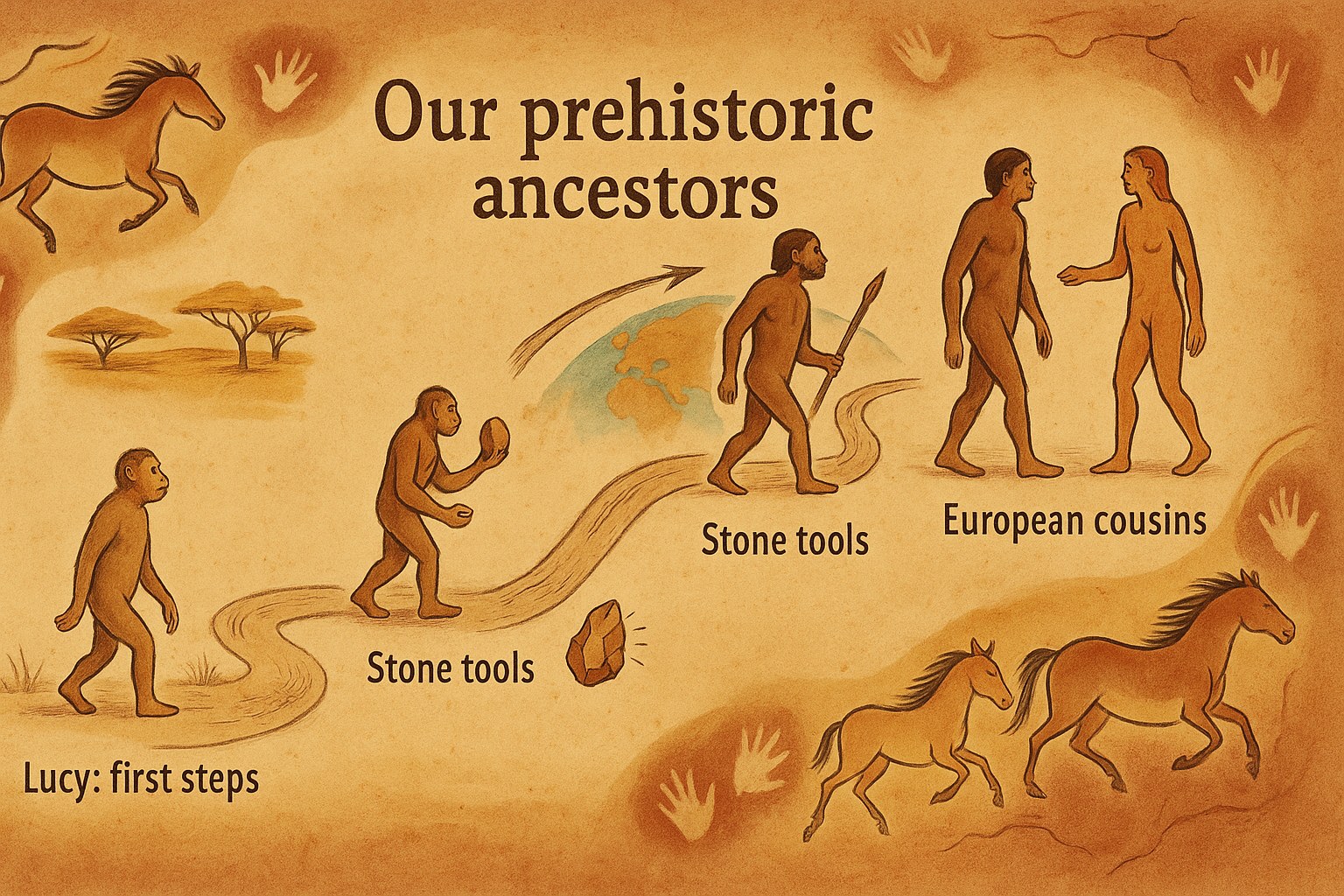 Illustration of the evolution of prehistoric hominids
