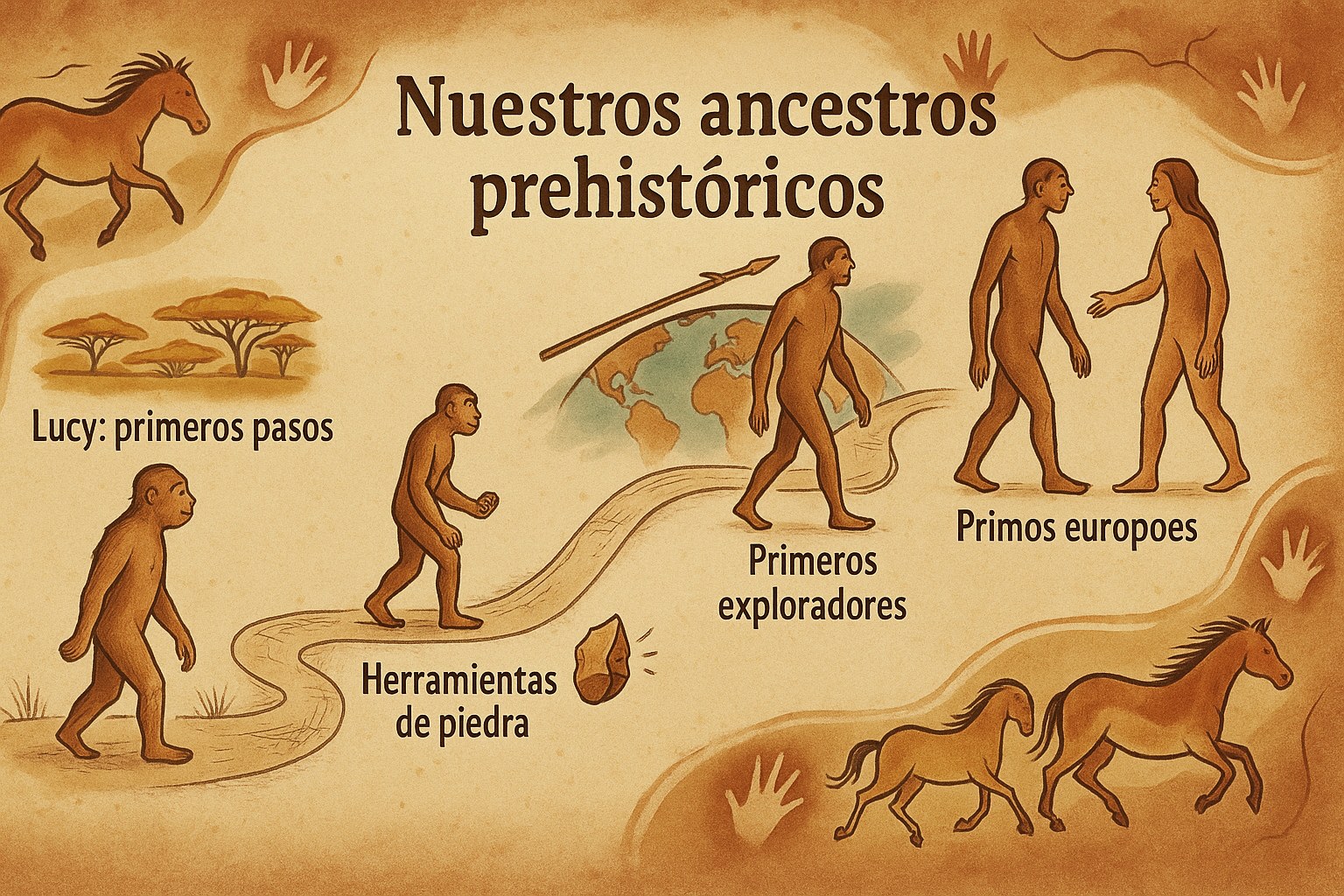Ilustración de la evolución de los homínidos prehistóricos