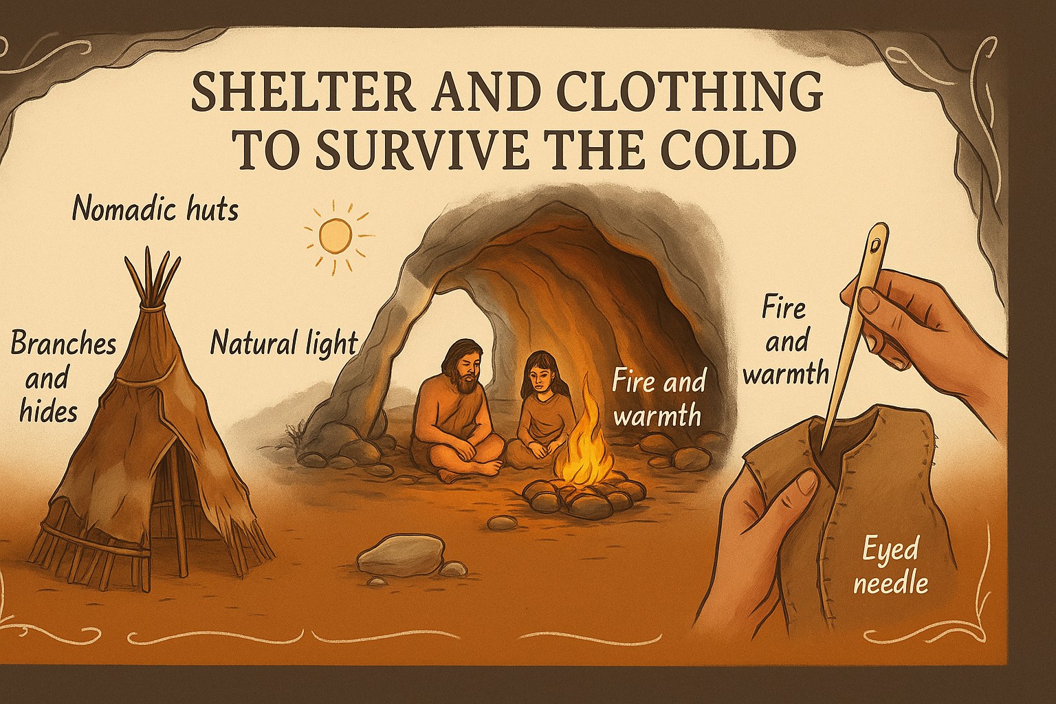 Illustration of Cro-Magnon shelter, hide clothing and the icy climate they faced