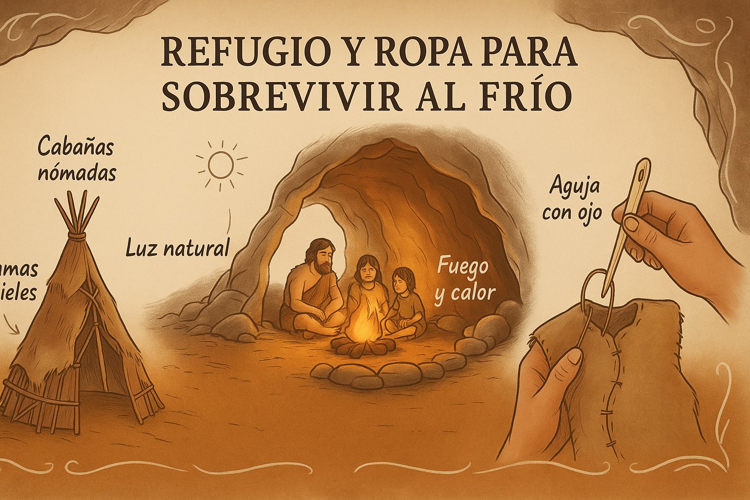 Ilustración del refugio, la ropa de pieles y el clima helado del hombre de Cromañón