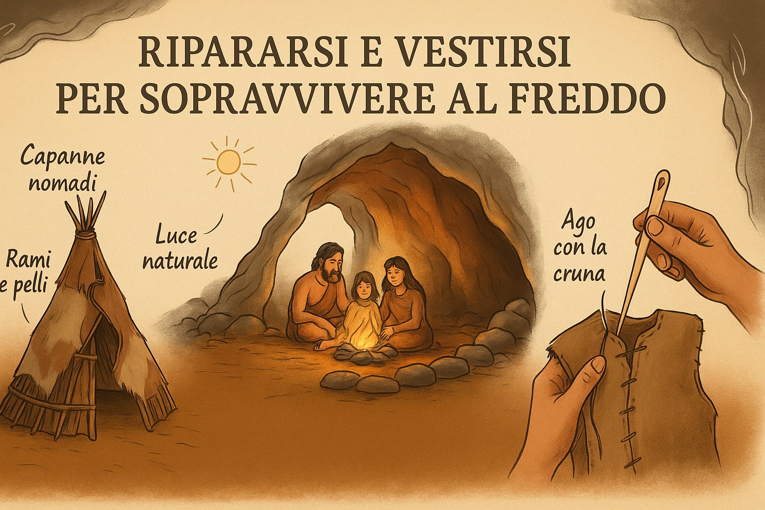 Illustrazione del riparo, degli abiti di pelle e del clima gelido dell'uomo di Cro-Magnon