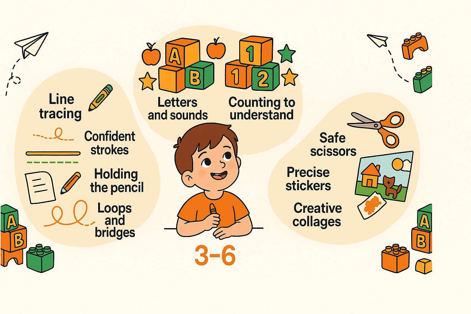 Infographic of playful learning for children aged 3 to 6, with handwriting, letters, numbers and cutting activities