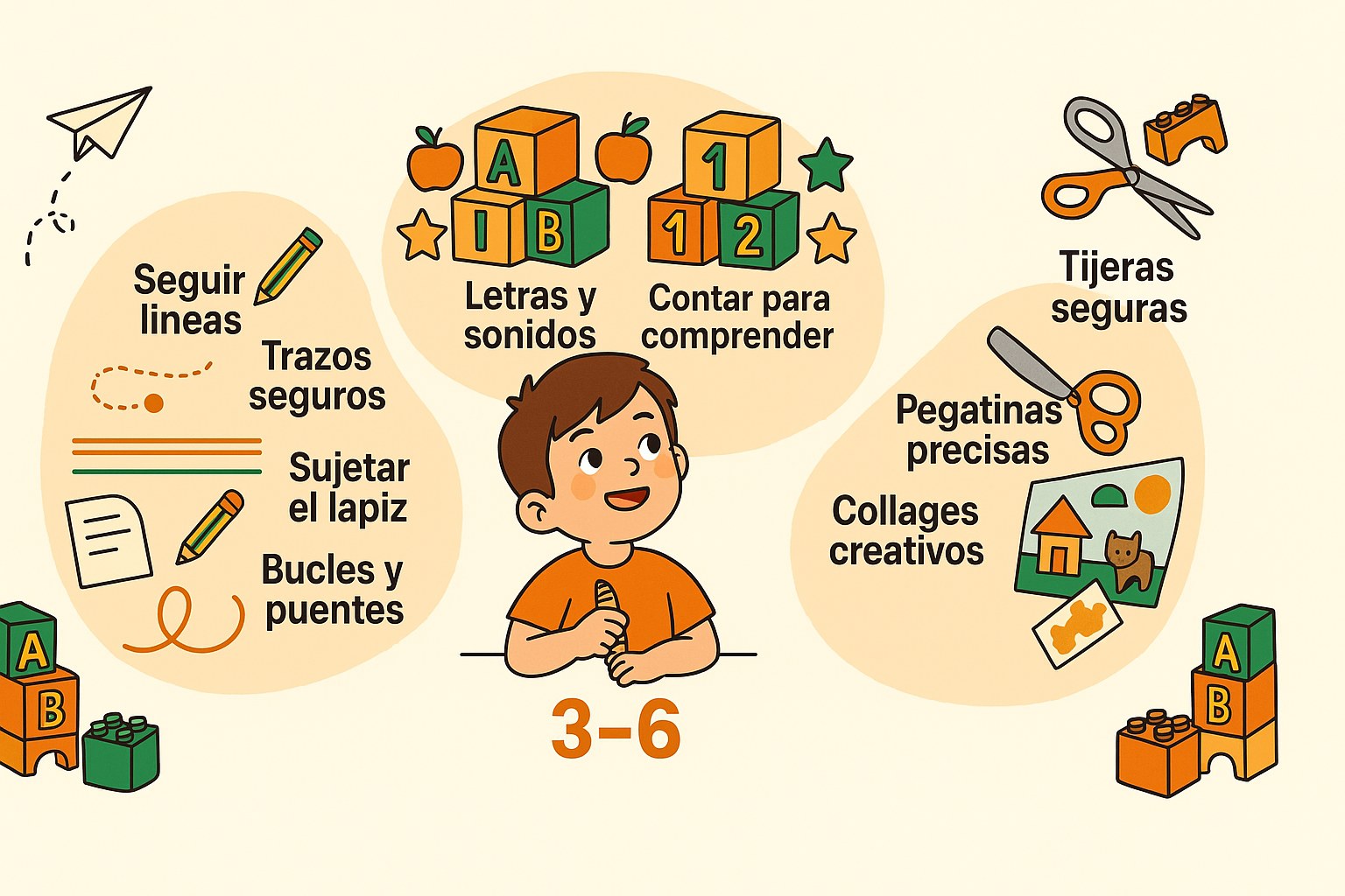 Infografía de aprendizaje lúdico para niños de 3 a 6 años, con grafismo, letras, números y actividades de recorte