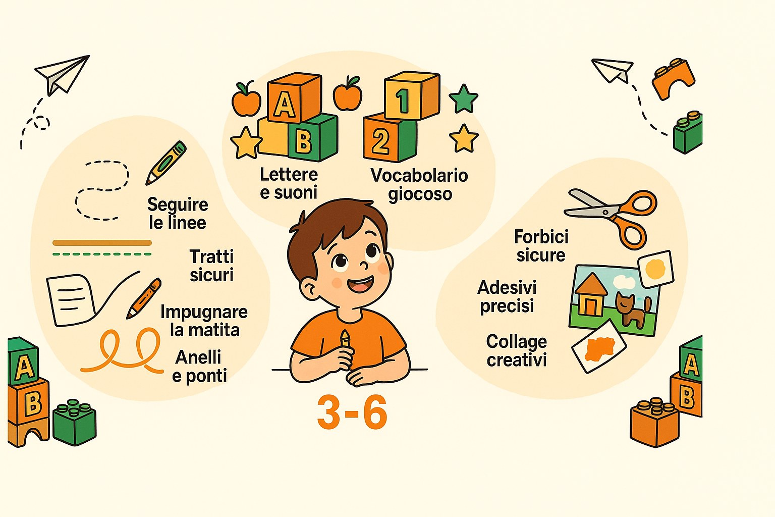 Infografica di apprendimento ludico per bambini dai 3 ai 6 anni, con pregrafismo, lettere, numeri e attività di ritaglio
