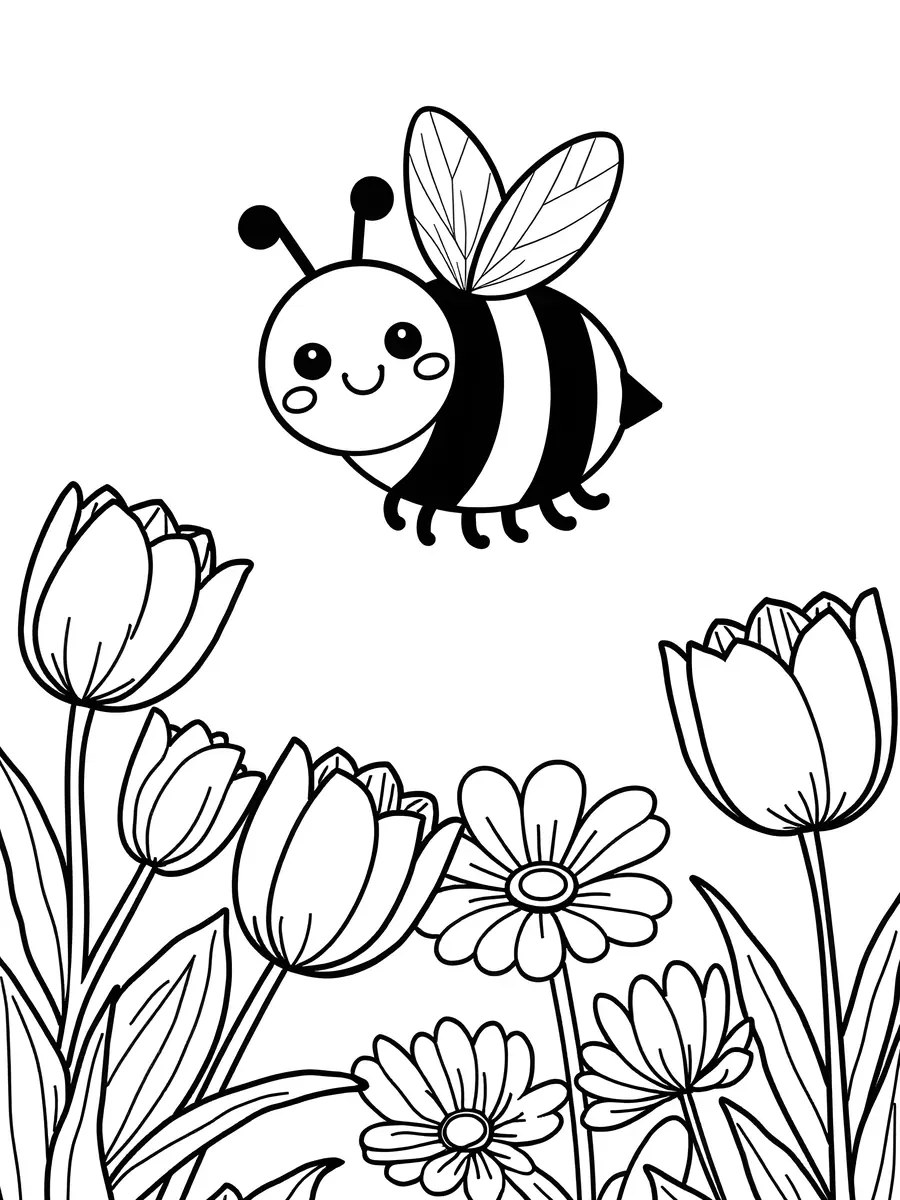 Dibujo de primavera de una abeja kawaii volando sobre tulipanes y margaritas para imprimir