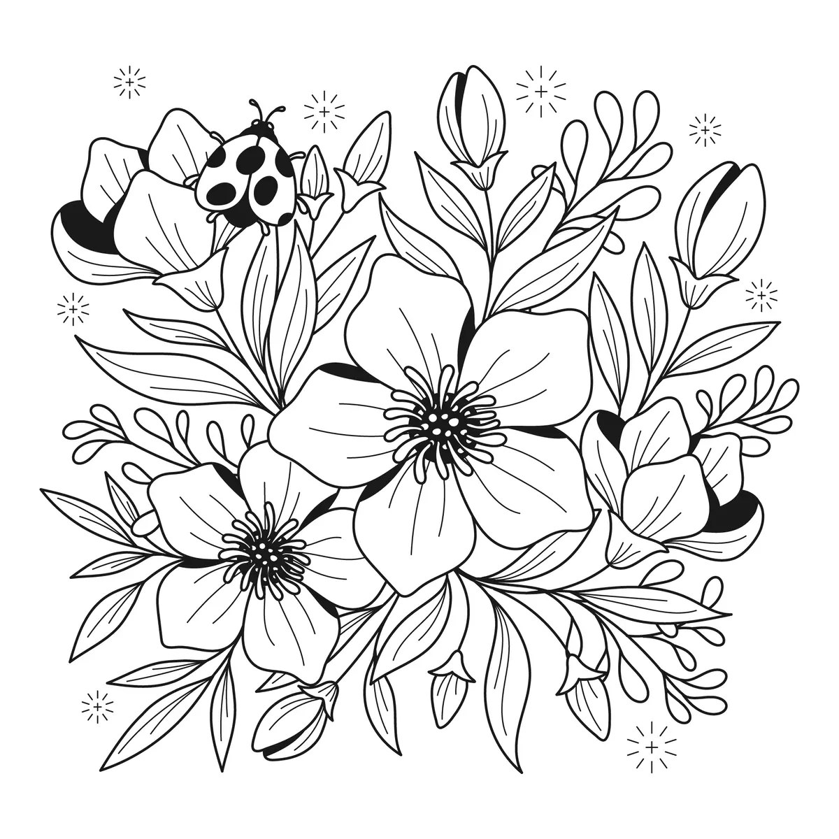 Dibujo de primavera de flores elegantes con una mariquita posada, hojas y capullos para imprimir