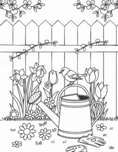 Spring garden colouring page with wooden fence, bird on a watering can, tulips and daffodils to print