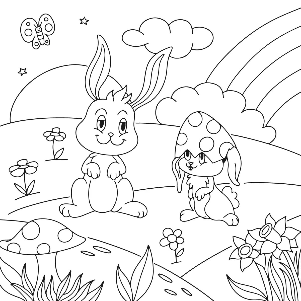 Dibujo de primavera de un conejo que ríe sosteniendo una zanahoria bajo un sol kawaii y nubes para imprimir