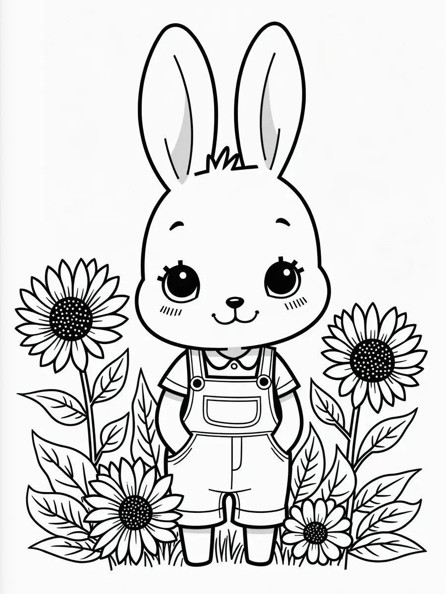 Dibujo de primavera de un conejo mono en peto de pie en medio de cuatro grandes girasoles para imprimir