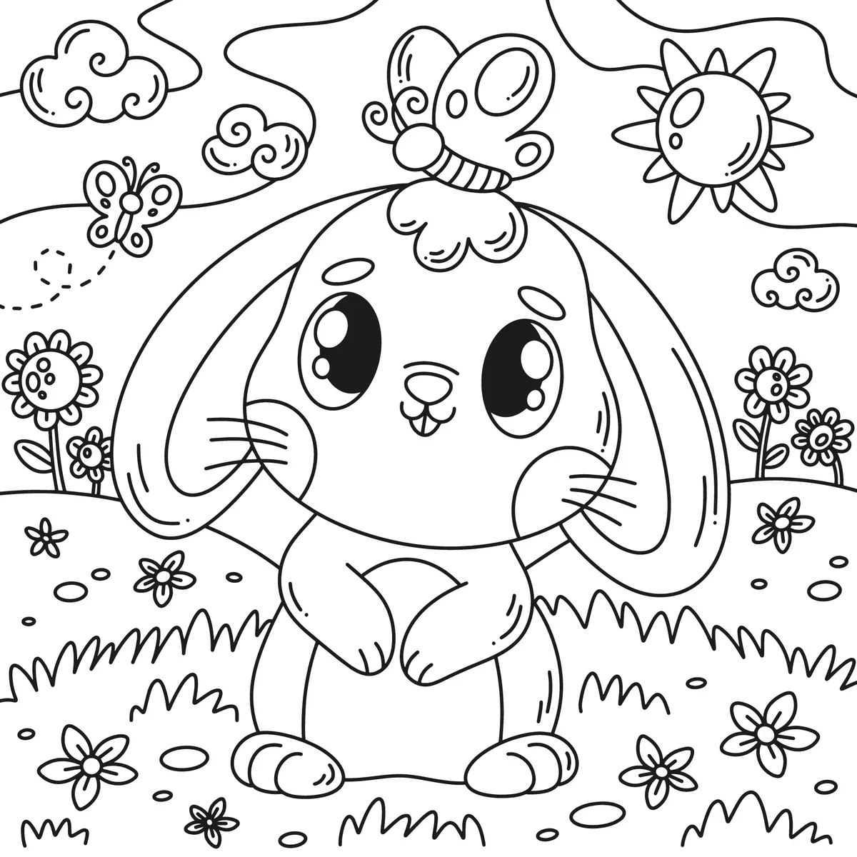 Dibujo de primavera de un conejo kawaii de orejas caídas con sol kawaii, mariposas y flores para imprimir