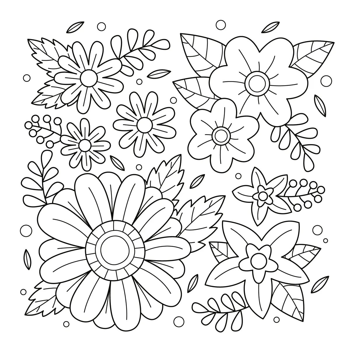 Dibujo de primavera de un motivo floral decorativo con margaritas, pequeñas flores y hojas sin personaje para imprimir