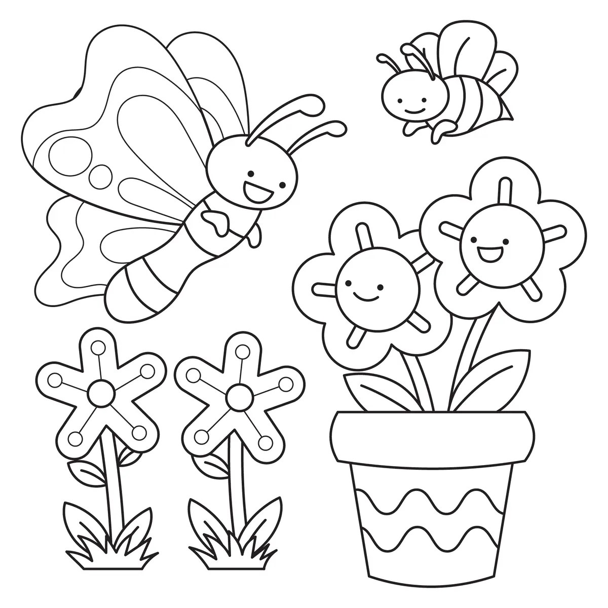 Dibujo de primavera de una mariposa, abeja y flores sonrientes kawaii con maceta de barro para imprimir