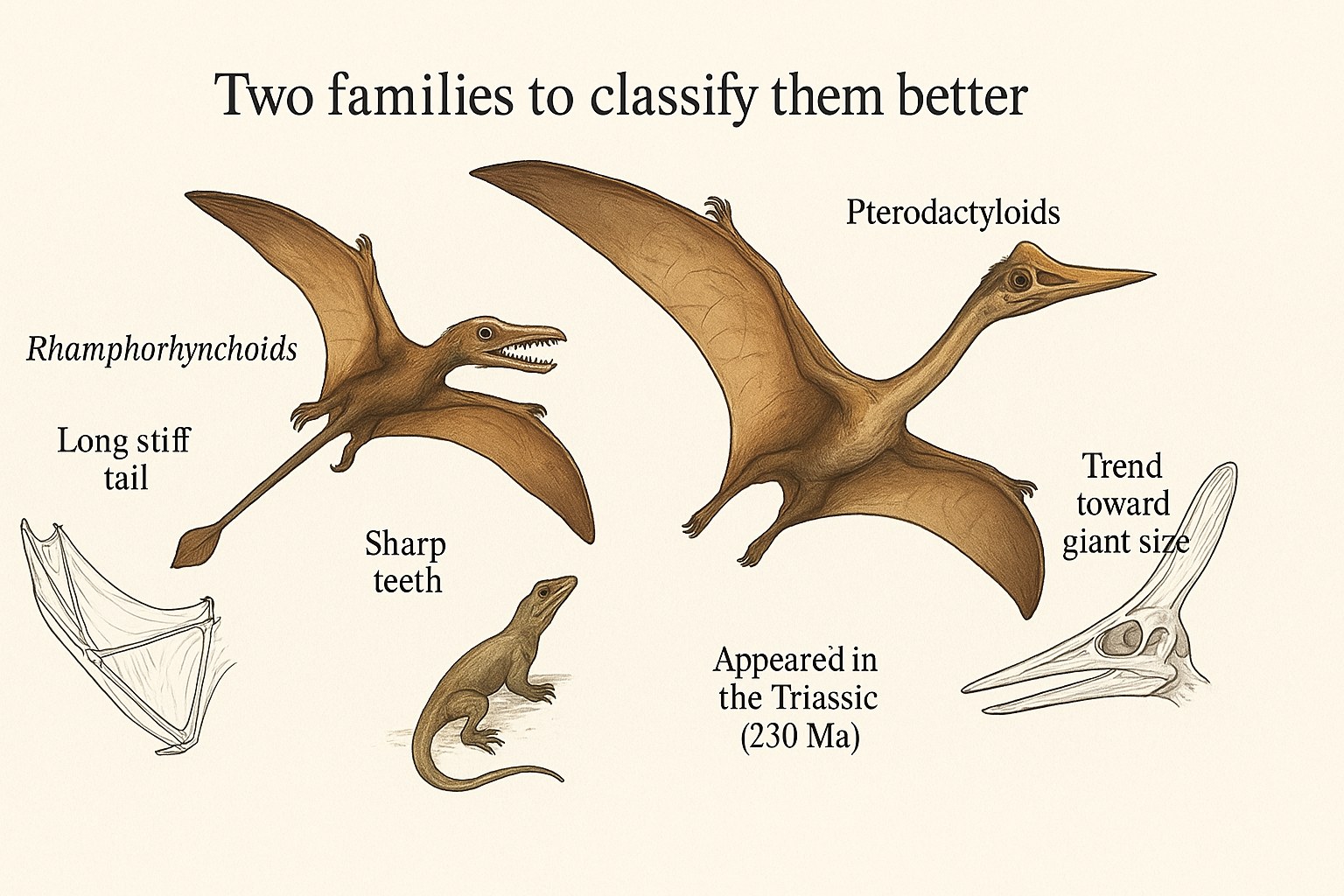 Body-shape comparison between the long-tailed rhamphorhynchoids and the giant pterodactyloids