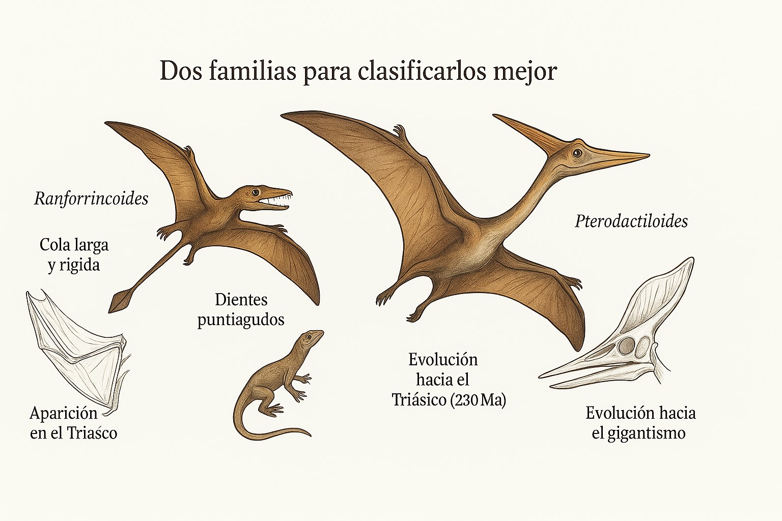 Comparación de las formas corporales entre los ranforrincoides de cola larga y los pterodactiloides gigantes