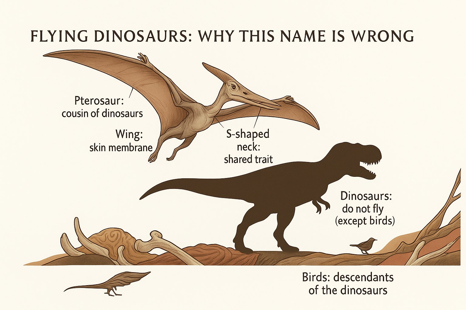 Infographic explaining why pterosaurs are not flying dinosaurs, with a pterosaur, a T-Rex and a bird