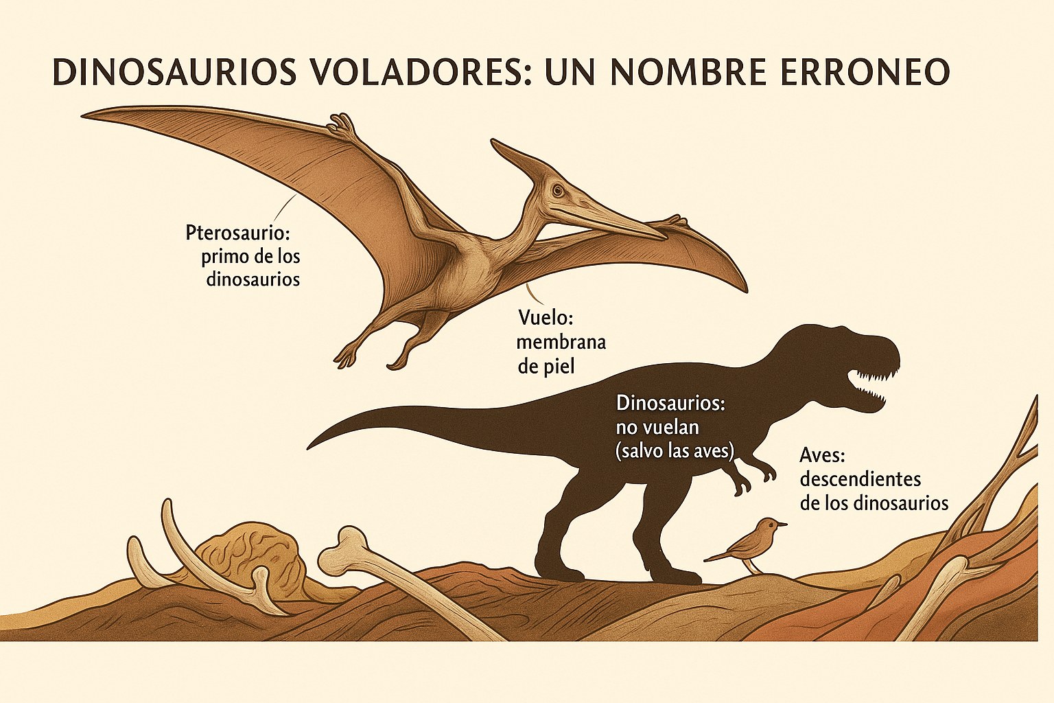 Infografia que explica por que los pterosaurios no son dinosaurios voladores, con un pterosaurio, un T-Rex y un ave