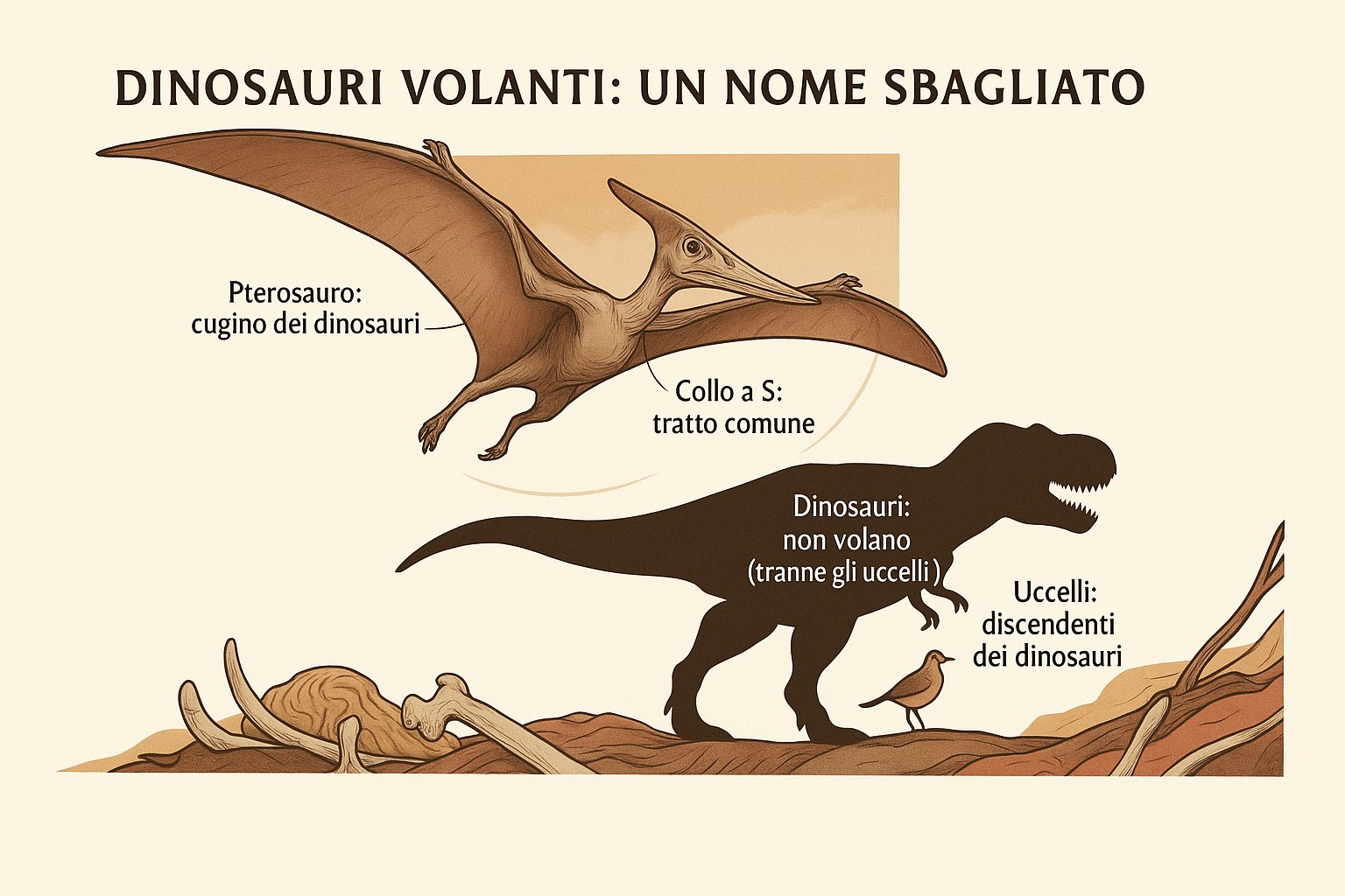 Infografica che spiega perche gli pterosauri non sono dinosauri volanti, con uno pterosauro, un T-Rex e un uccello