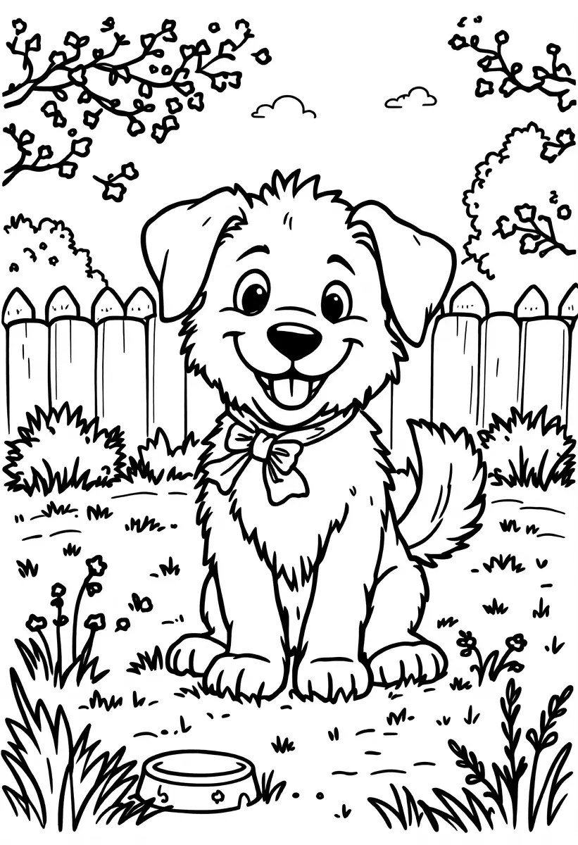 Dibujo de cachorro sonriente en su jardín con un cuenco para imprimir