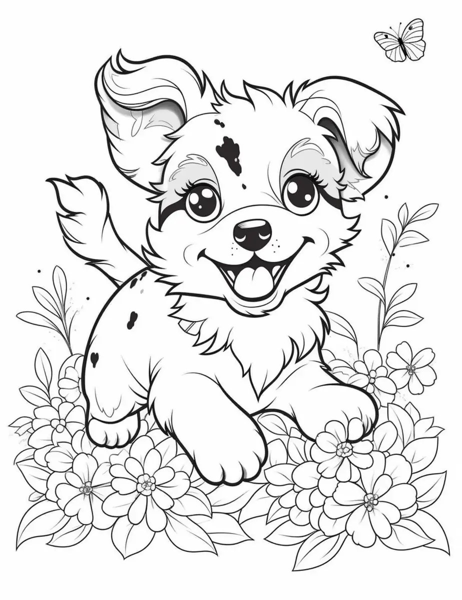 Dibujo de cachorro kawaii de grandes ojos en un parterre de flores para imprimir