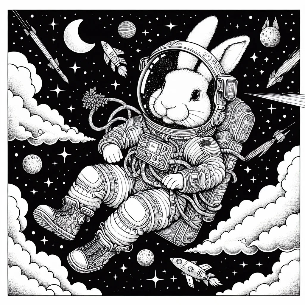 conejo astronauta flotando en el espacio con traje espacial para colorear e imprimir